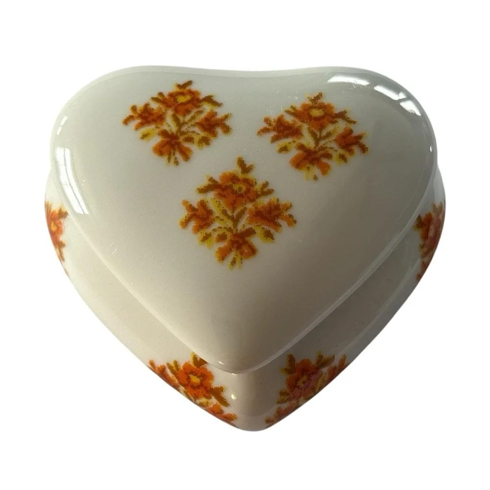 Limoges France Trinket Box Hand Painted Heart Shaped Floral Orange VTG Porcelain